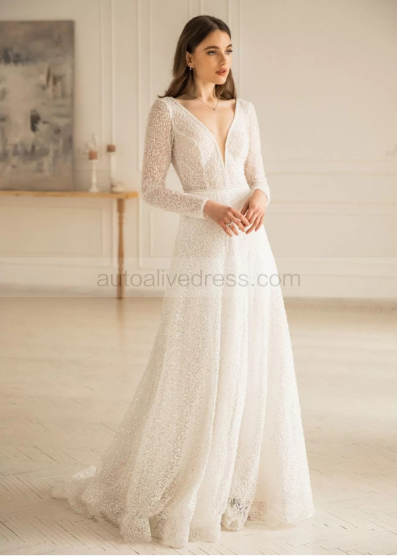 Deep V Neck Ivory Sequined Lace Wedding Dress